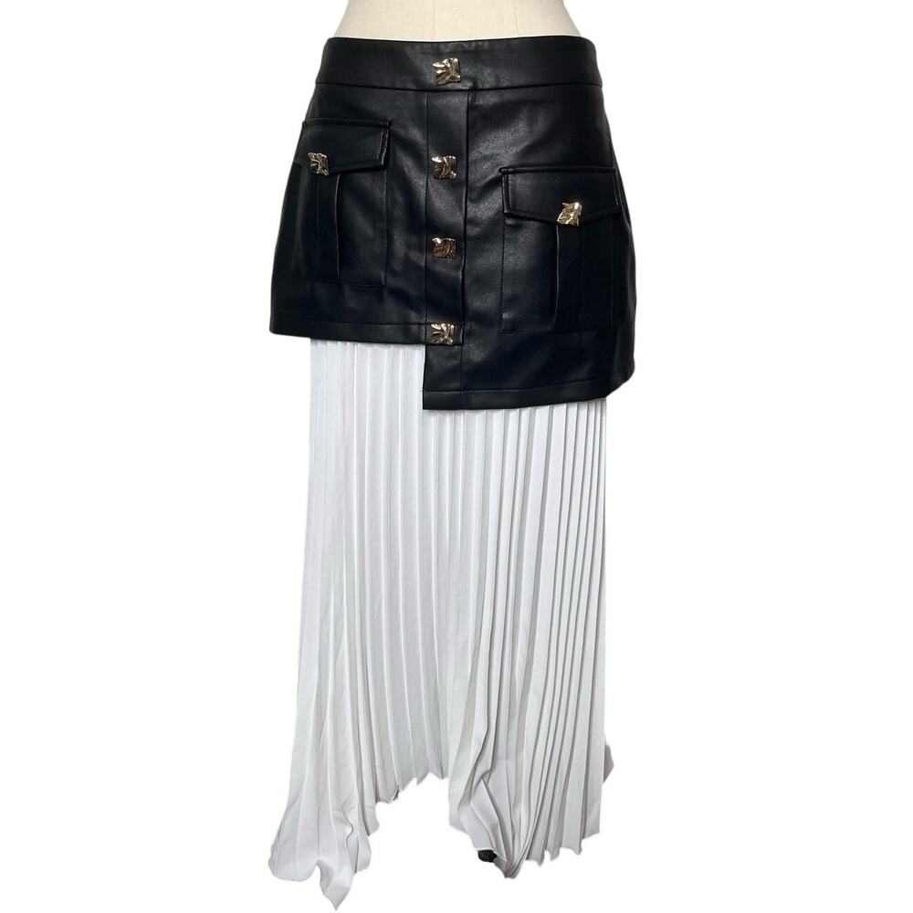 COMMENSE Faux Leather Paneled Asymmetric Pleated Maxi Skirt Black White L